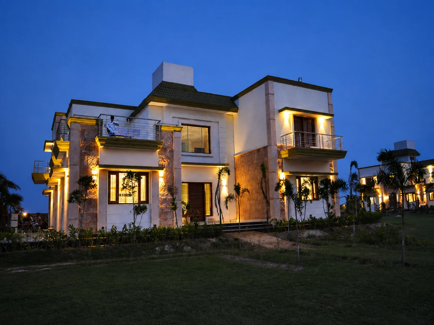 Completed villa at Village Soldha photographed at dusk